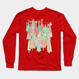 Vintage midcentury pink aqua Christmas trees snowy holiday. Long Sleeve T-Shirt